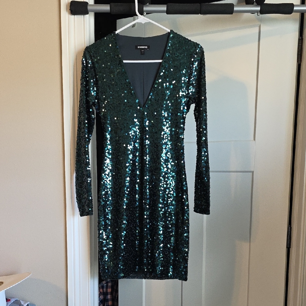 Express Emerald Sequin Long Sleeve Dress